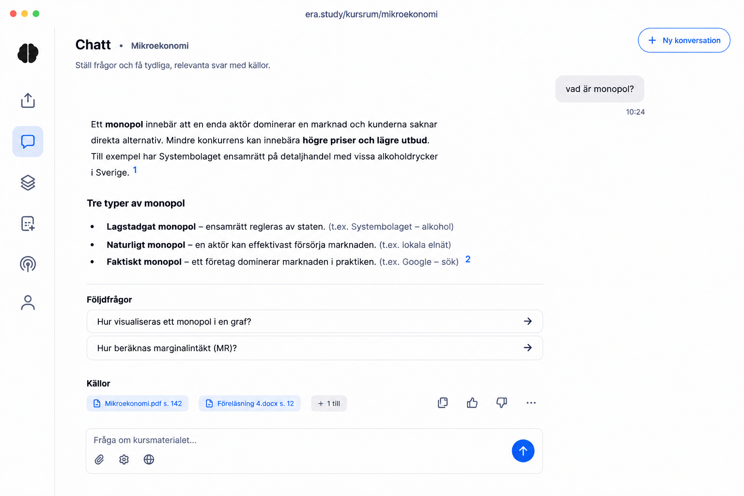 Era kursrum med chatt och källor från studentens material